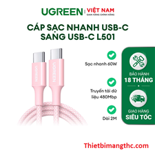 Cáp sạc nhanh USB-C sang USB-C PD 60W (20V/3A) dài 2M Ugreen L501 65246 (màu hồng) cao cấp