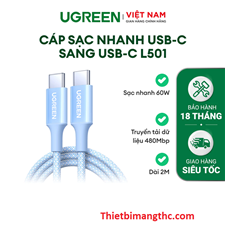 Cáp sạc nhanh USB-C sang USB-C PD 60W (20V/3A) dài 2M Ugreen L501 65247 (Blue) cao cấp