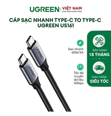 Cáp USB Type C 3.1 Gen 1 dài 1,5m kết nối sạc, truyền dữ liệu, hình ảnh 4K Ugreen US161 50751 cao cấ