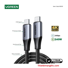 Cáp USB Type C 3.2 Gen 2 dài 1M Ugreen 80150, Hỗ trợ hình ảnh 4K@60Hz, 240W, 10Gbps cao cấp