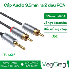 Cáp VEGGIEG V-A603 Audio 3.5mm ra 2 đầu RCA dài 5m chính hãng