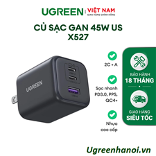 Củ sạc nhanh GaN 45W Ugreen 65155B X527, 3 cổng USB-C x2, USB-A Hỗ trợ QC4+, PD3.0 cao cấp