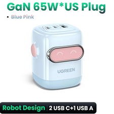 Củ sạc nhanh hình Robot 65W 3 cổng 2C-1A Ugreen 45003 chân cắm (US Plug) màu trắng xanh cao cấp