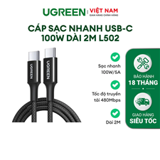 Dây, Cáp sạc nhanh 100W/5A USB-C sang USB -C dài 2M Ugreen L502 65250 cao cấp (Black) cao cấp