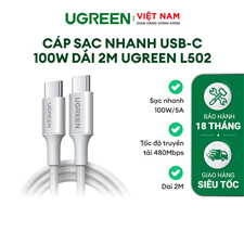Dây, Cáp sạc nhanh 100W/5A USB-C sang USB -C dài 2M Ugreen L502 65256 cao cấp (Titanium) cao cấp
