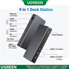 Docking Station USB-C 4K@60Hz 9 in 1 sang DP x2, HDMI x2,RJ45, PD 100W, USB-A&C Ugreen 90912 cao cấp