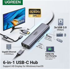 Hub 6 in 1 USB-C sang DP 4K60hz, USB 3.0 x3, Lan Gigabit, sạc PD 100W Ugreen 75643 cao cấp