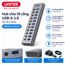 Hub chia 10 cổng USB 3.0 tốc độ 5Gbps Unitek H1315A cao cấp