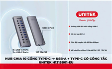Hub Chia USB 3.0 10 in 1 UNITEK H1315B1-EU, 8 Cổng USB-A, 2 Cổng USB-C, Kèm nguồn 12V3A 36W cao cấp