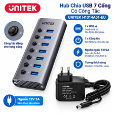 Hub Chia USB 7 Cổng Có Công Tắc UNITEK H1314A01-EU, Kèm nguồn 12V2A cao cấp