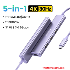Hub Revodok USB Type-C 5 in 1 ra HDMI 4K@30Hz, USB 3.0, Sạc PD 100W Ugreen 35582 cao cấp