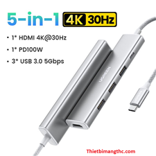 Hub Revodok USB Type-C 5 trong 1 sang HDMI 4K@30Hz, USB 3.0, Sạc PD 100W Ugreen 35580 cao cấp