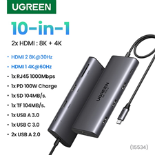 Hub USB C 10 in 1 (15534) sang HDMI 8K30Hz, HDMI 4K60Hz, PD100W, RJ45 1Gbps, SD Ugreen cao cấp