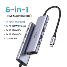 HUB USB-C 5 in 1 Sang HDMI 4K@60HZ + USB 3.0*2 + SD/TF + PD 100W Ugreen 60384 cao cấp