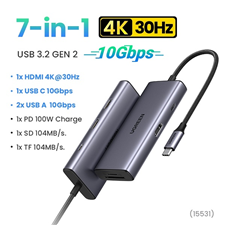 Hub USB -C 7 in 1 ra HDMI 4K@30Hz, USB Type-C, USB-A 3.2, SD/TF, Sạc PD 100W Ugreen 15531 cao cấp
