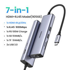Hub USB C 7 IN 1  Sang HDMI 4K@30HZ + USB 3.0*2 + SD/TF + PD 100W Ugreen 90568 cao cấp