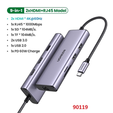 Hub USB C 9 in 1 USB Type-C ra 2 cổng HDMI/USB/LAN Gigabit/PD 60W/SD/ TF Ugreen 90119 cao cấp