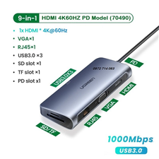 Hub USB-C sang HDMI 4K@60Hz/VGA/ Hub USB 3.0/ SD/TF/Lan Gigabit PD 100W Ugreen 70490 cao cấp