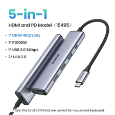 Hub USB Type-C 5 trong 1 ra HDMI 4K@30Hz, USB 2.0, USB 3.0, Sạc PD 100W Ugreen 15495