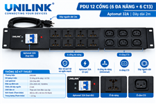 Thanh nguồn PDU 12 cổng (6 cổng C13, 6 cổng đa năng) Unilink (Uni-50042) cao cấp