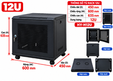 Tủ mạng,Tủ rack dày 12U rộng 600mm x cao 635mm x sâu 450 mm HY-H12U cao cấp