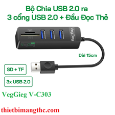 VegGieg V-C303 Bộ Chia USB2.0 ra 3 cổng USB2.0 + Đầu Đọc Thẻ (SD+TF 2 TRONG 1) chính hãng