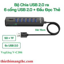 VegGieg V-C306 Bộ Chia/ Hub USB2.0 ra 6 cổng USB2.0 + Đầu Đọc Thẻ (SD+TF 2 in 1) chính hãng