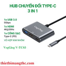 VegGieg V-TC03 HUB chuyển đổi Type-c sang HDMI/USB3.0/PD 3 in 1 chính hãng