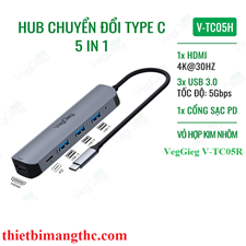 VegGieg V-TC05R Hub chuyển đổi Type C - 5 in 1 chính hãng